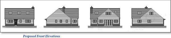 Lot: 7 - FORMER SCOUT BUILDING WITH PLANNING FOR TWO, FOUR-BEDROOM BUNGALOWS - Proposed Front elevation